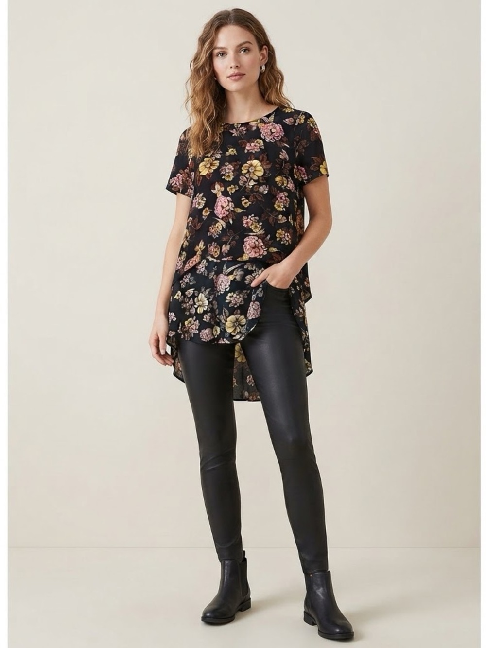 Philosophy|  High-Low Pink & Sage Floral Short Sleeve Tunic Top Size S